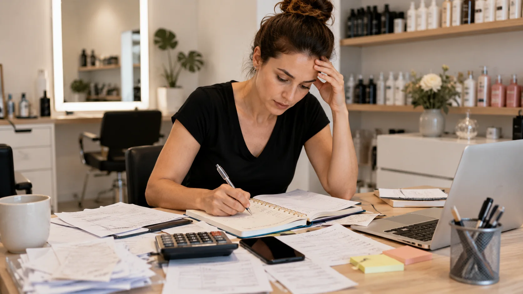 Dueña de salón haciendo cuentas con papeles y calculadora