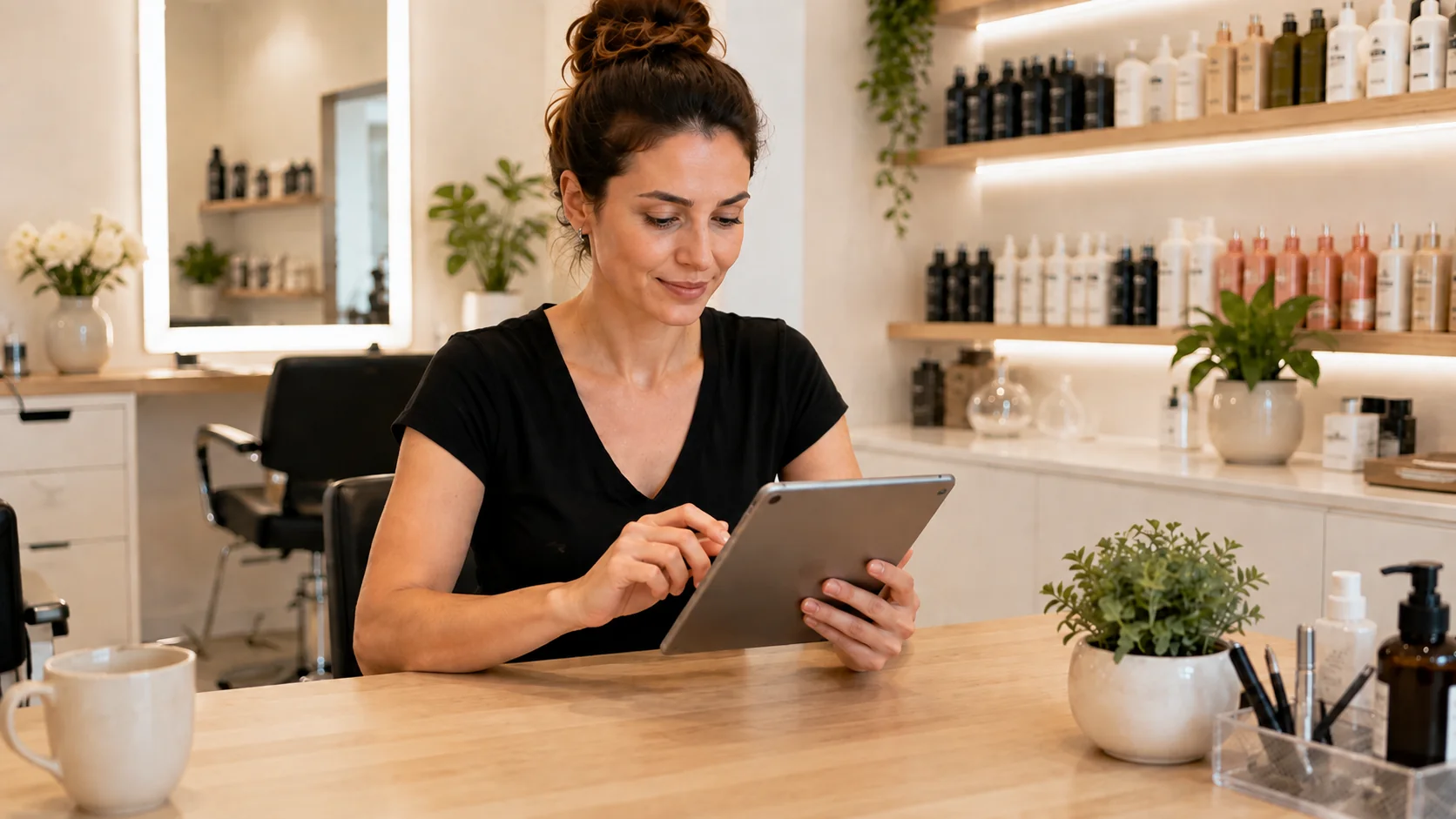 Dueña de salón trabajando tranquila con una tablet
